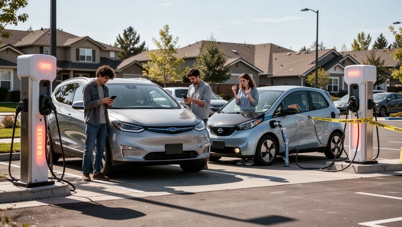 Three EVs line up at suburban DC fast charger with frustrated drivers checking apps; one stall broken, one slow.