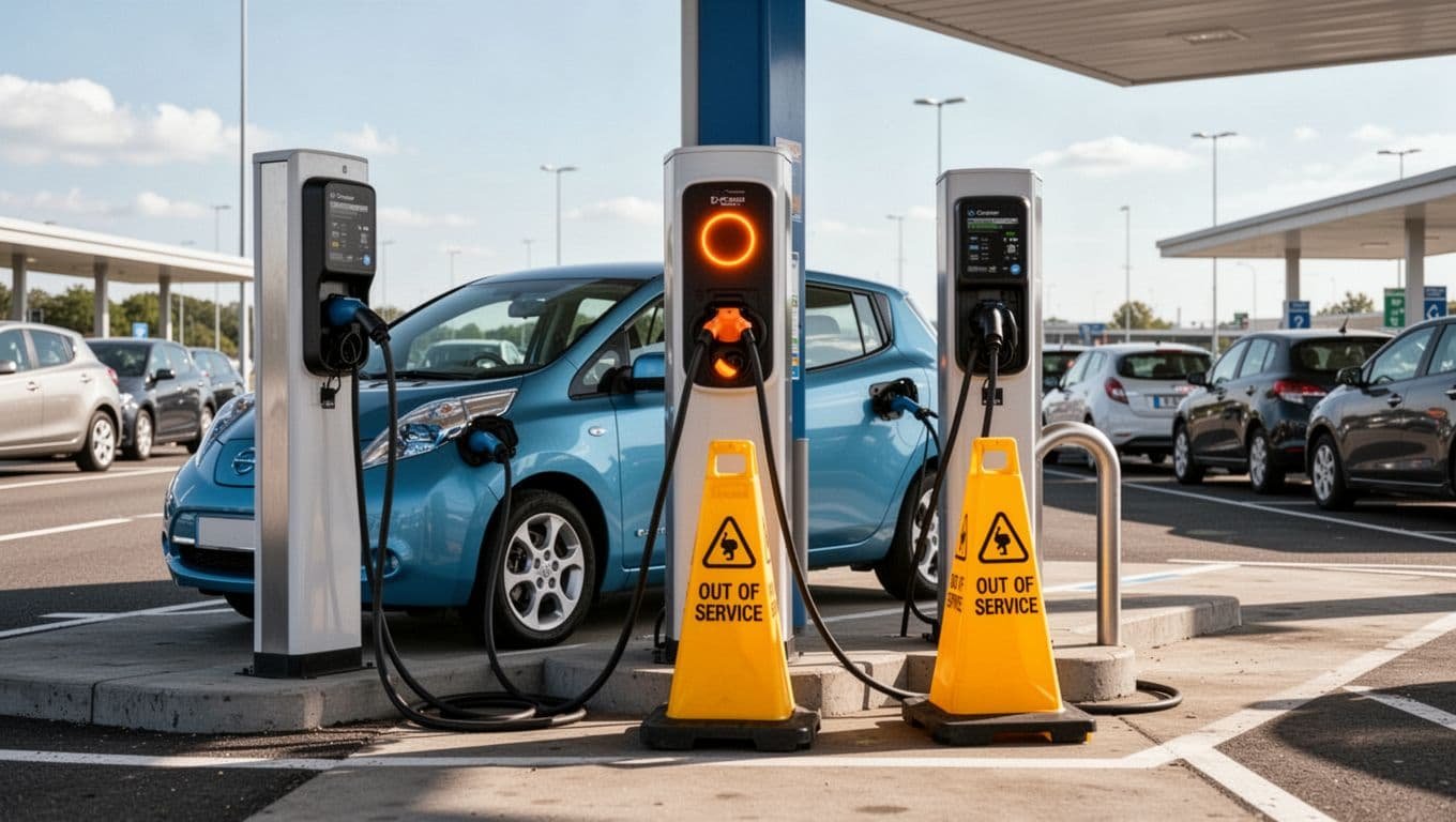 DC fast charging station shows blue EV like Chevy Bolt charging in one stall, adjacent stall blocked by yellow caution cone, two cars queued behind under clear sky.