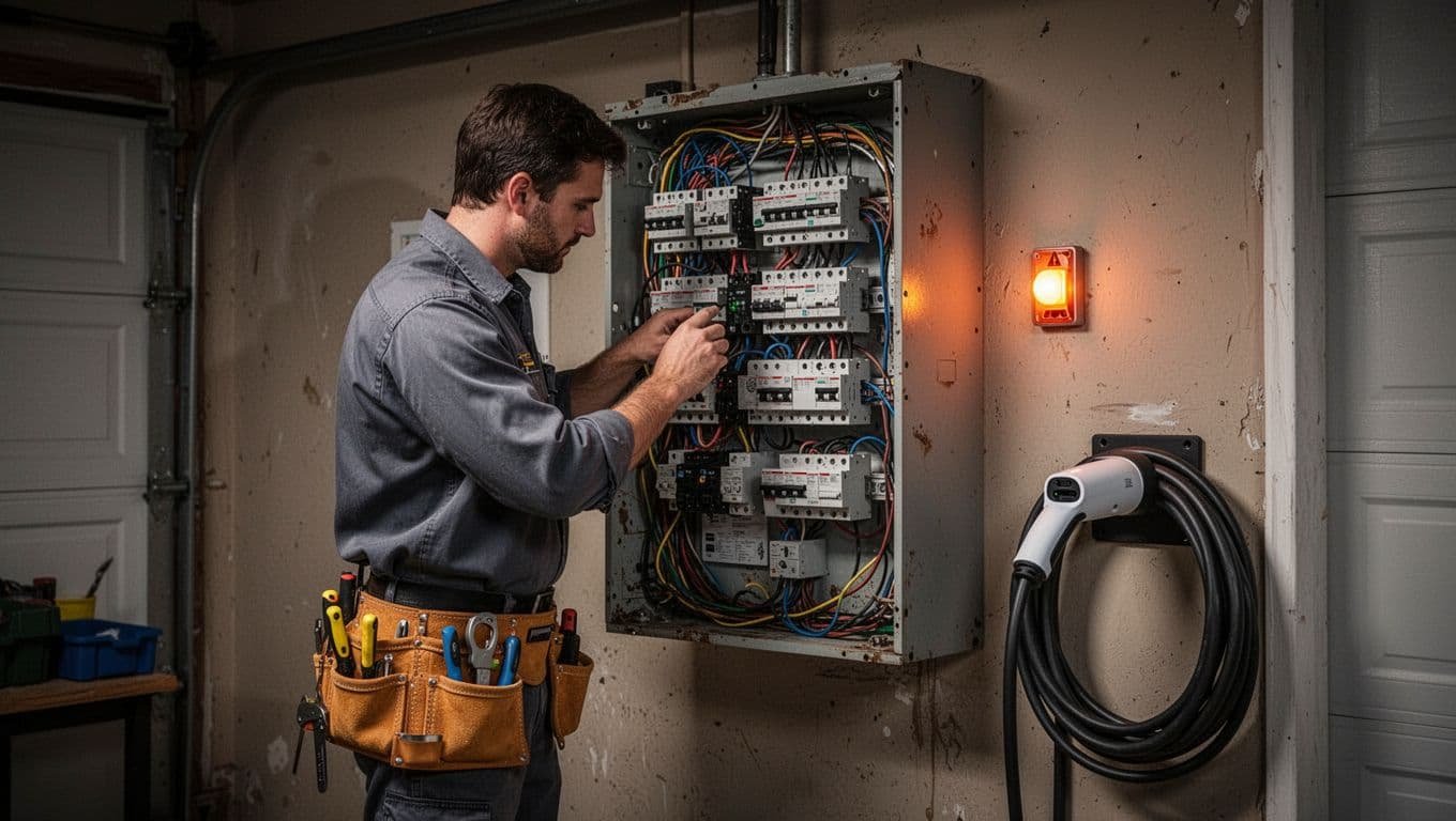 Electrician in work clothes examines outdated crowded electrical panel in dim garage with EV charger cable nearby.