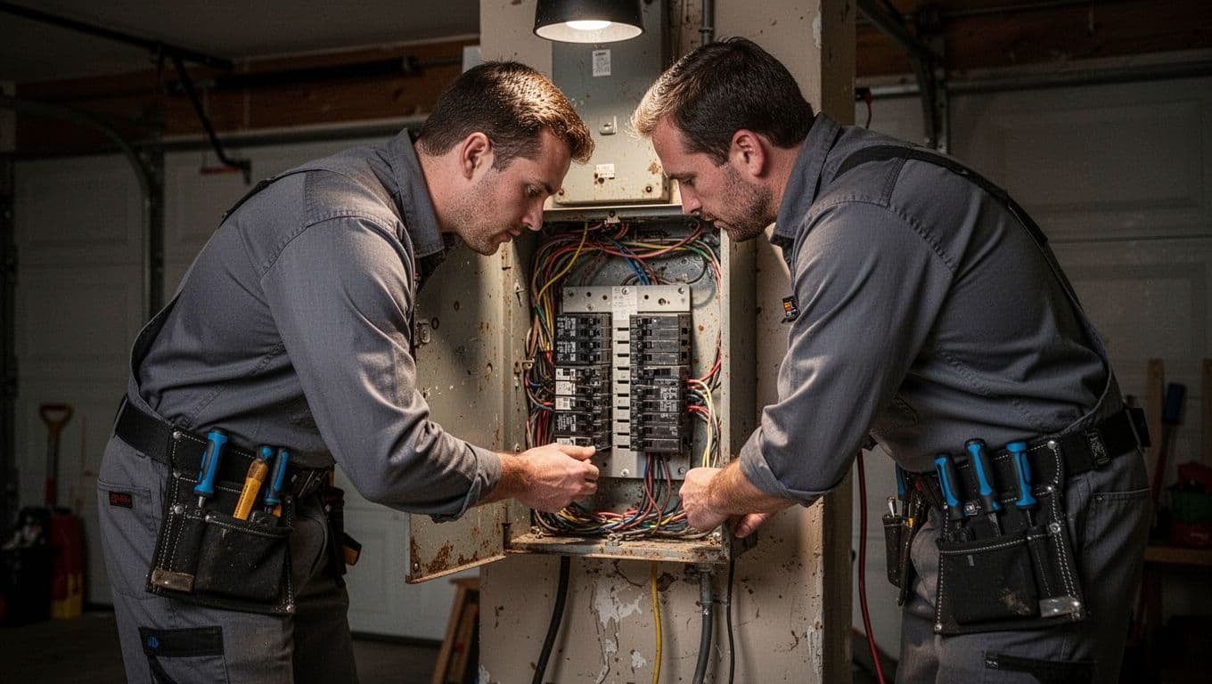 Close-up of electrician in work clothes opening old electrical panel in garage, checking breakers and wires with tools.