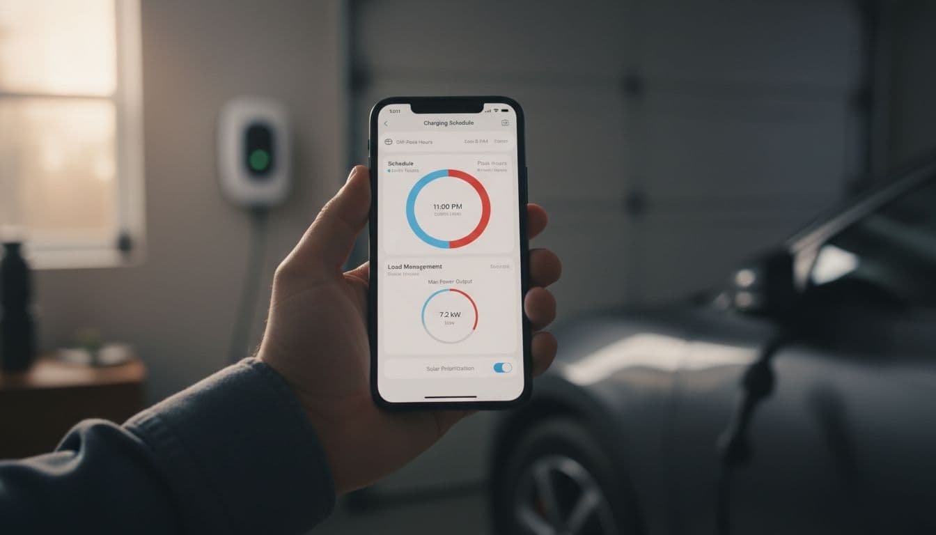 Hand holds smartphone showing EV charger scheduling screen, blurred garage background with charger.