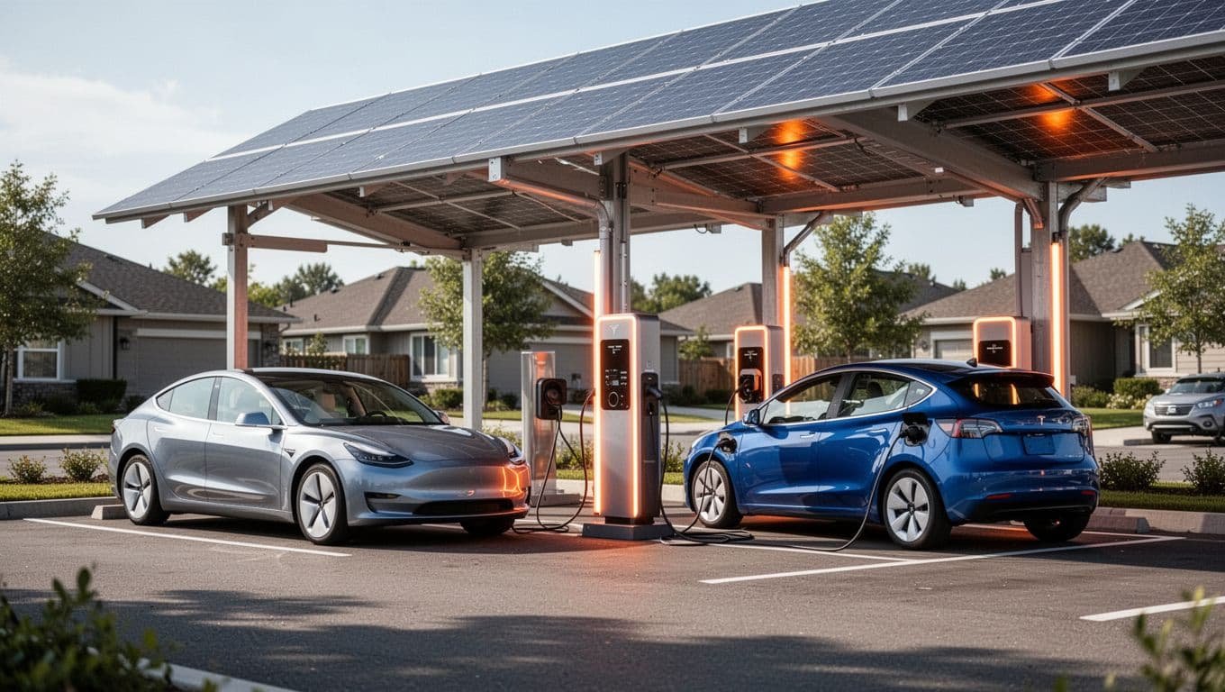 Silver and blue EVs charge at modern station with overhead solar panels and smart grid display in suburban lot.