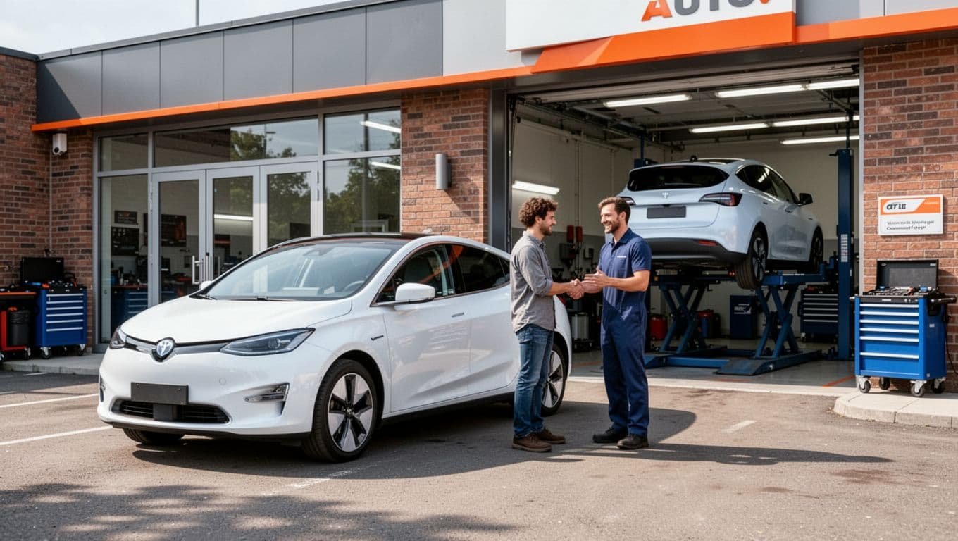 Modern auto shop exterior with white electric hatchback parked outside open bay showing another EV on lift; customer shakes hands with smiling male technician.