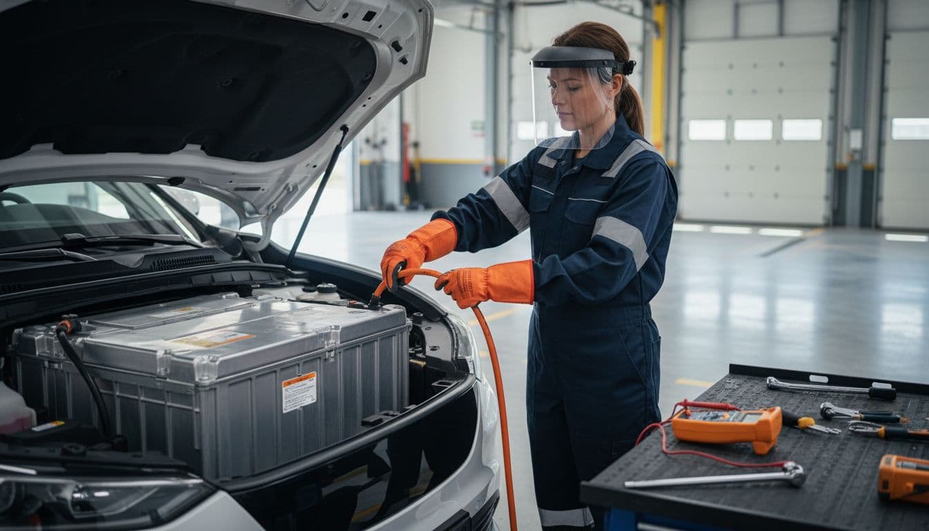 Technician in orange gloves and face shield disconnects orange cable from white SUV EV battery pack in garage.