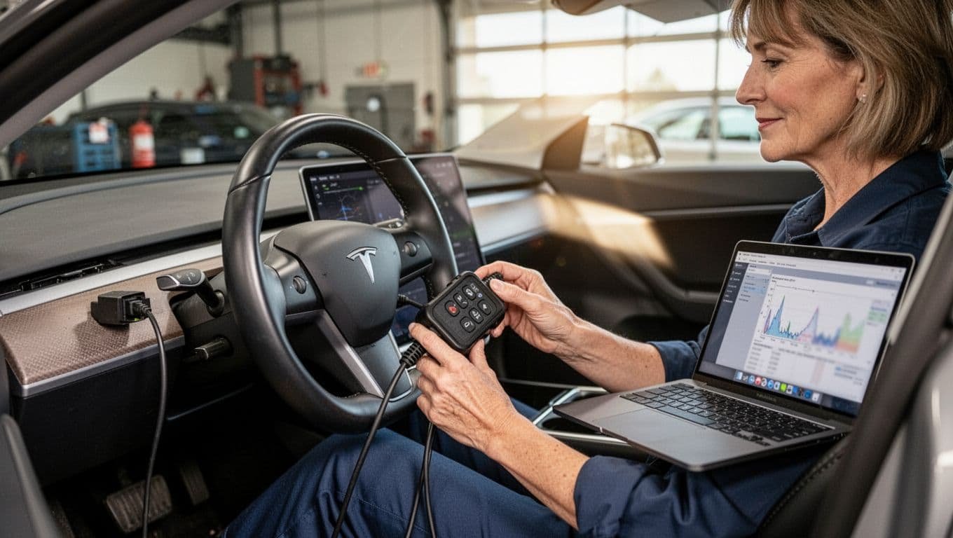 Female auto technician in 40s sits in silver electric sedan, plugs black OBD scanner into dashboard, laptop with blurred graphs on passenger seat.