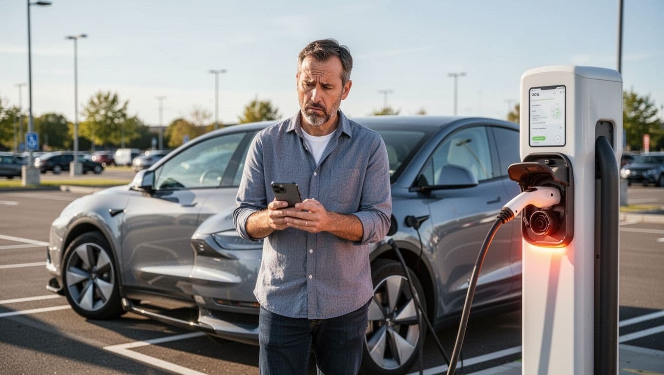 Frustrated 40-year-old man holds smartphone with charging app open, standing by silver SUV at DC fast charger in sunny lot.