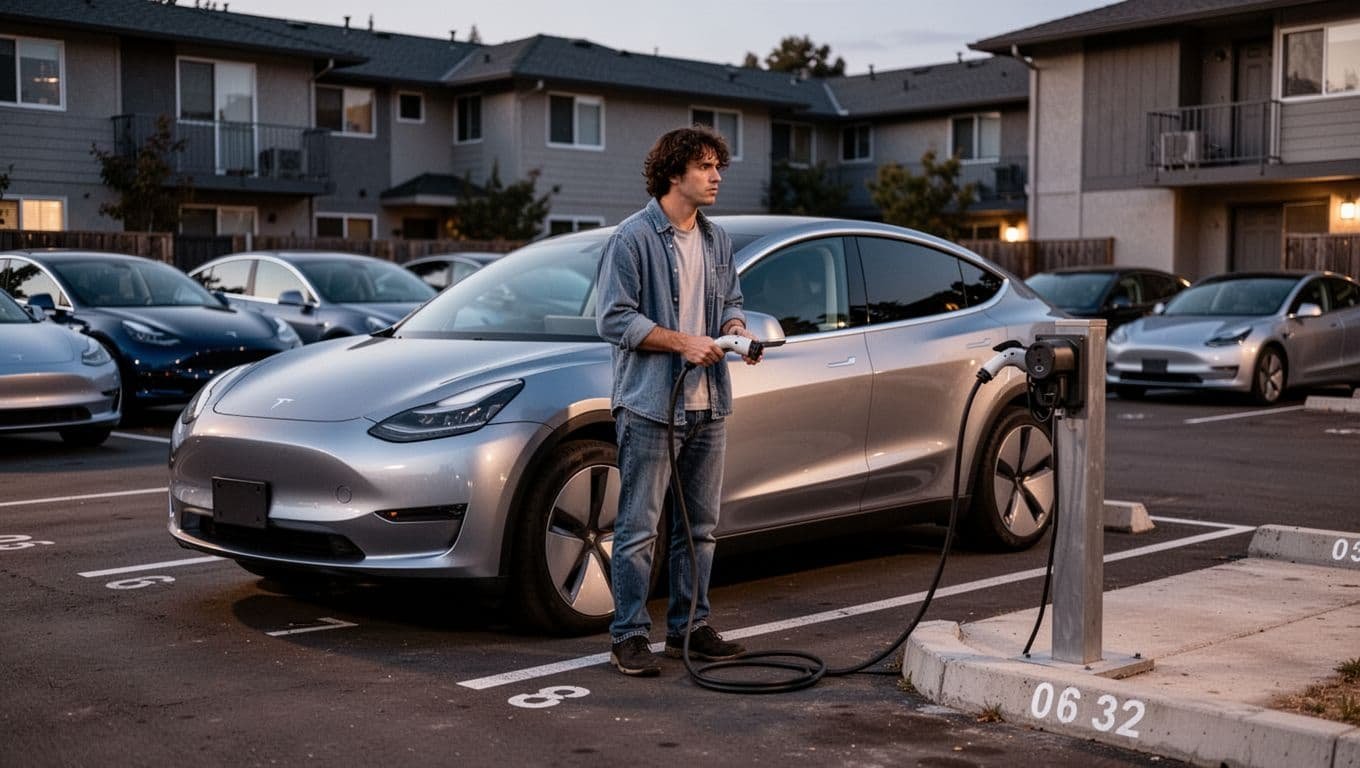 Frustrated renter holds charging cable by silver electric SUV in dusk apartment parking lot, eyeing shared outlet.