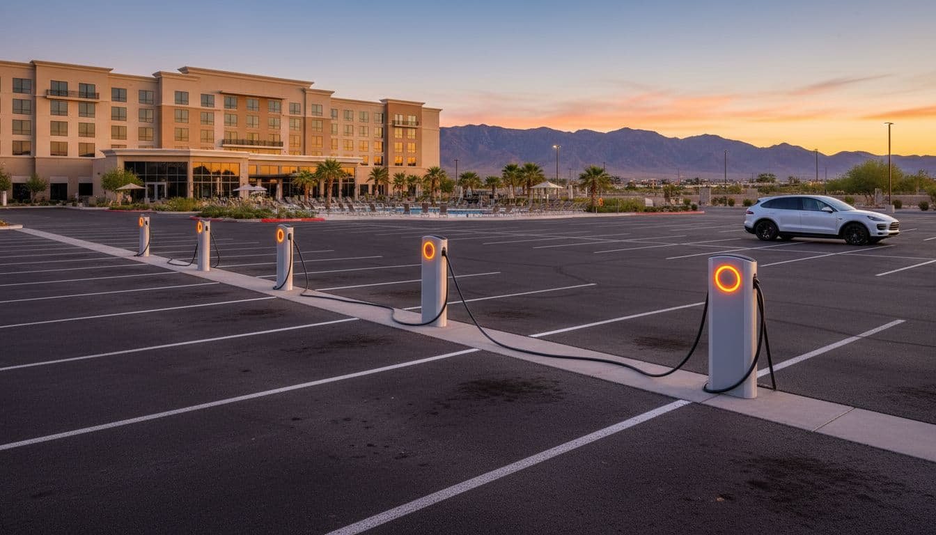 Spacious parking lot with four Level 2 EV chargers, one white SUV plugged in, open spots, resort hotel, pool, and desert mountains.