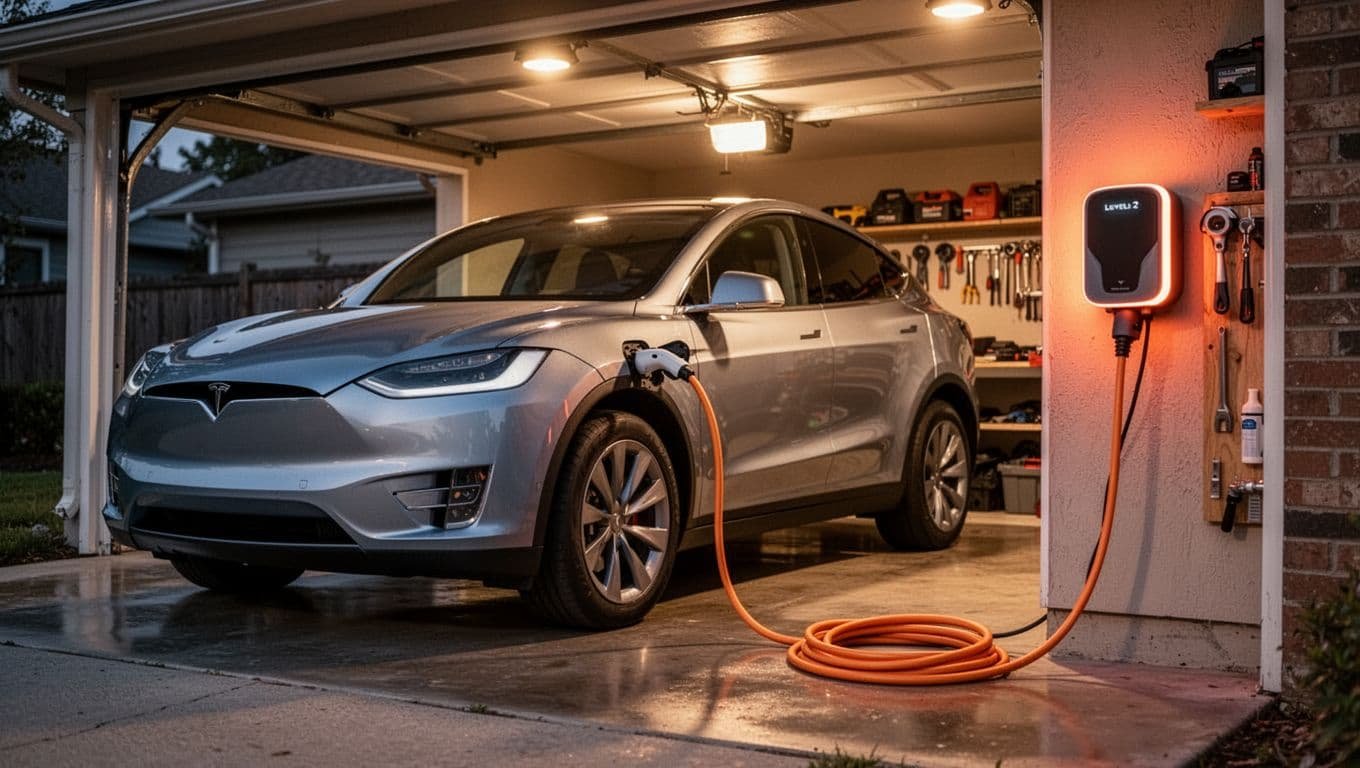 Silver electric SUV parked in evening suburban garage connected to glowing wall-mounted Level 2 charger.
