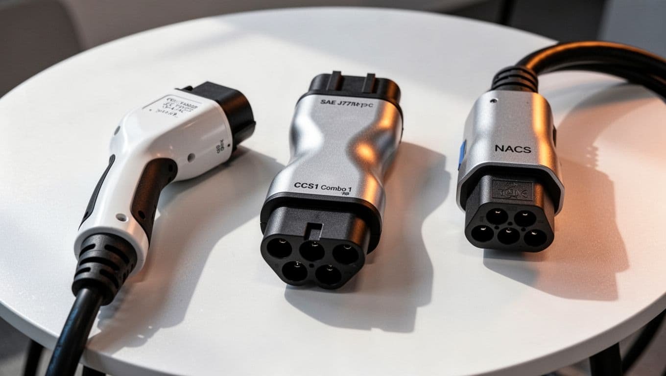 Close-up of J1772 Type 1, CCS1 Combo 1, and NACS EV charging connectors on a white table.
