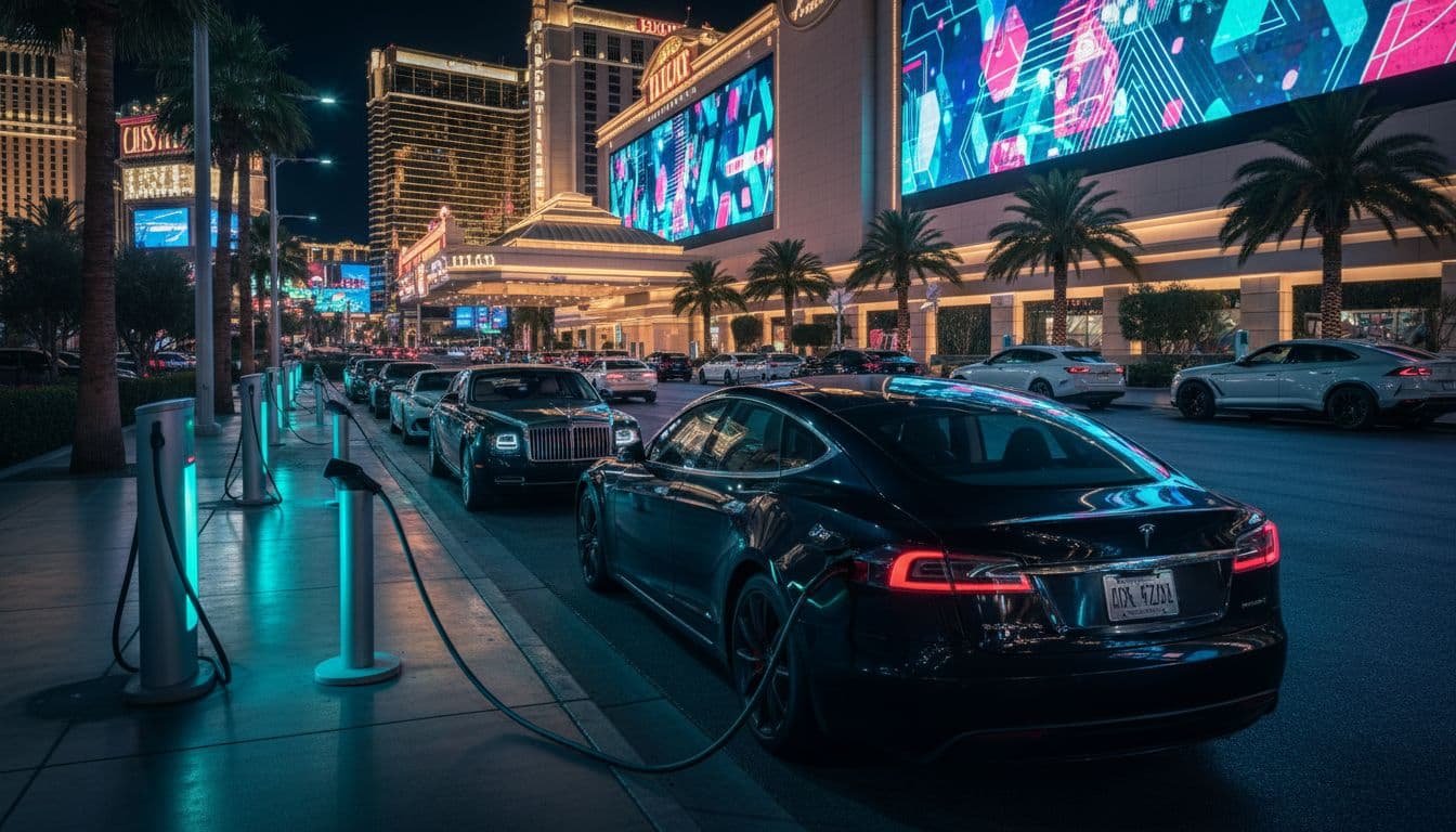 Nighttime valet area at busy Las Vegas casino resort with luxury cars waiting and black Tesla at wall charger.