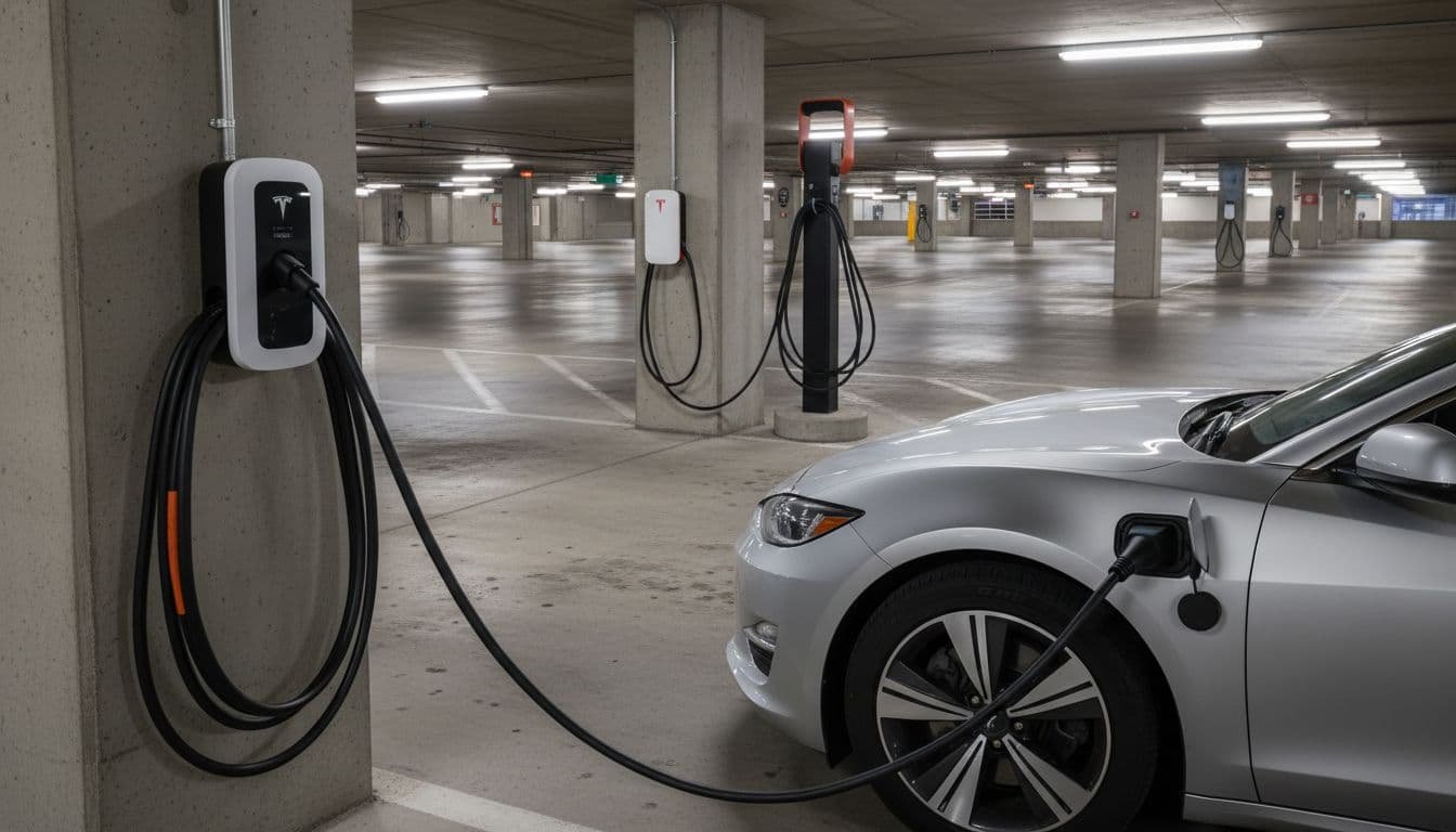 Three EV chargers in Las Vegas hotel garage at night: J1772 Level 2 with coiled cable, Tesla wall connector, ChargePoint pedestal, silver car at J1772.
