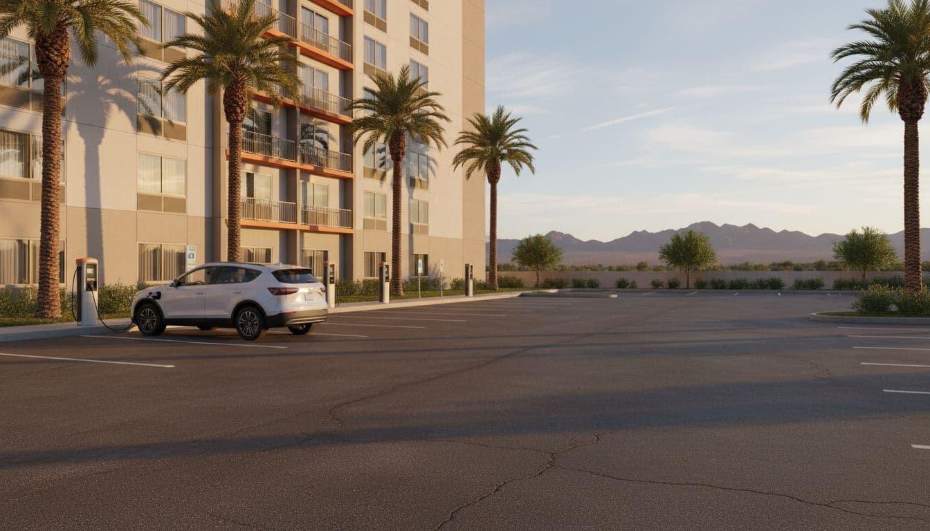 Las Vegas hotel parking lot with four EV chargers in a row, white SUV plugged in, open spots, palms, orange-trimmed building, and distant mountains at golden hour.