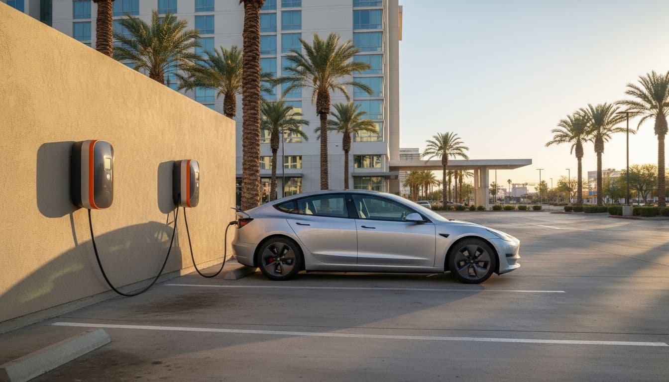 Wall-mounted J1772 EV chargers in hotel parking lot, silver Tesla Model 3 plugged in, open spot next to it, palm trees and hotel building behind.