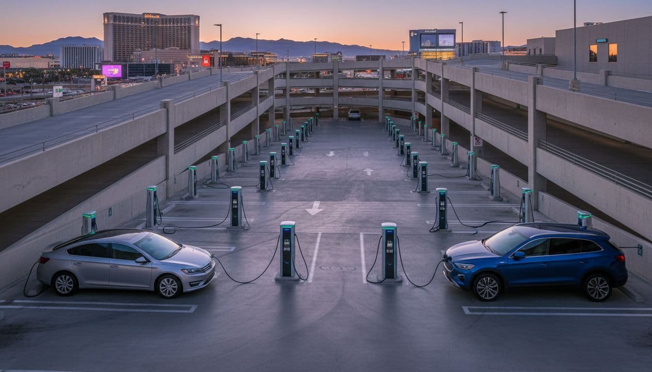 Multi-level hotel garage on Las Vegas Strip at dusk with abundant EV chargers and two plugged-in cars.
