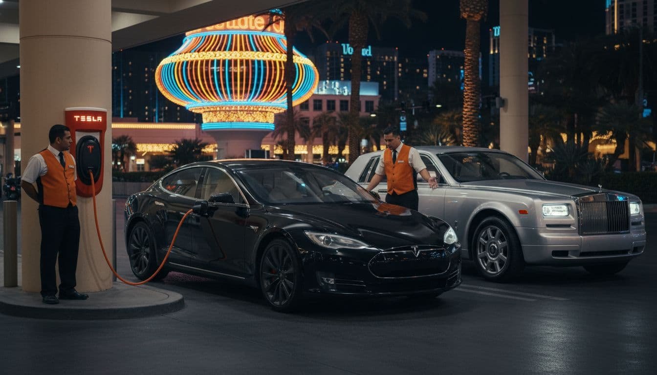 Nighttime Las Vegas hotel valet shows black EV at Tesla charger behind podium, luxury car waiting, two attendants gesturing.