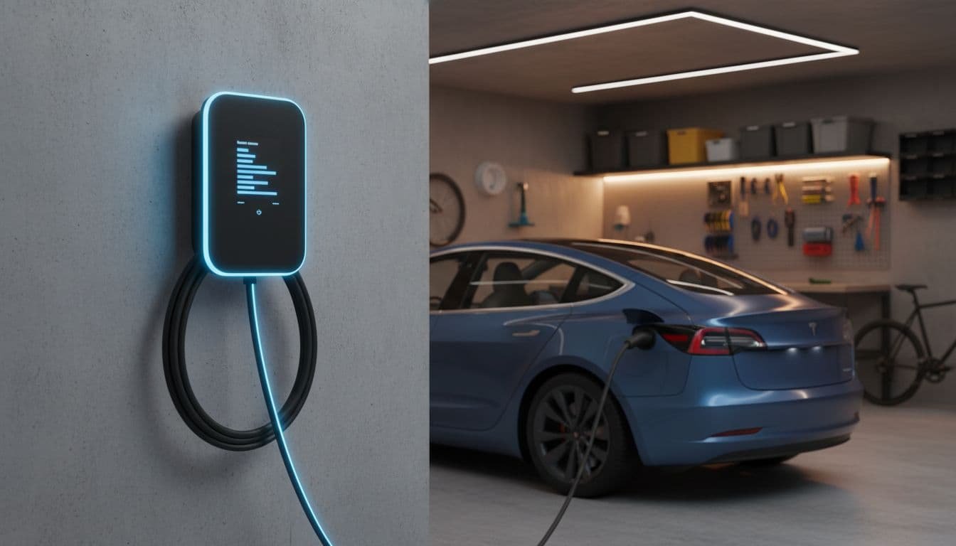 Level 2 EV charger on garage wall next to electric car, adjustable amp settings on screen, neat cables, soft night lighting.