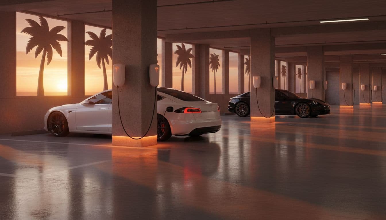 Dusk-lit luxury Las Vegas resort garage with two EVs plugged into pillar-mounted Level 2 chargers, orange accent lights on polished concrete floors.