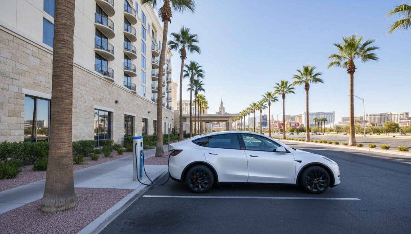 Mid-rise hotel exterior near Las Vegas Strip with white SUV at foreground EV charger in parking lot, palm trees and skyline behind.