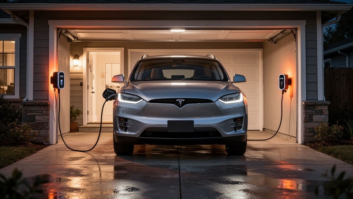 Silver electric SUV parked in suburban garage at night connected to glowing orange wall-mounted Level 2 charger.
