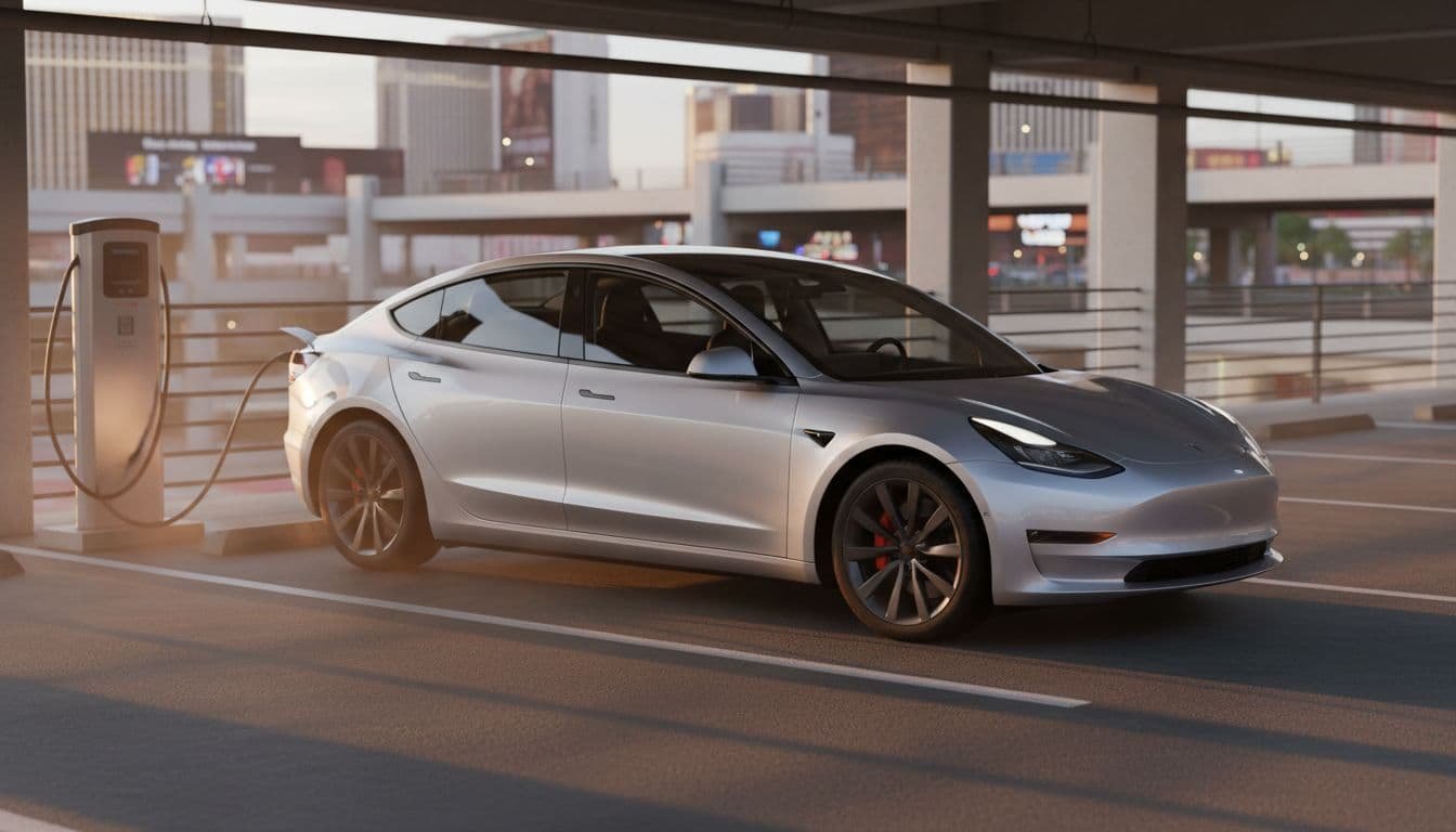 Silver Tesla Model 3 plugged into Level 2 charger in hot Las Vegas parking garage, heat haze over asphalt, distant Strip lights at dusk.