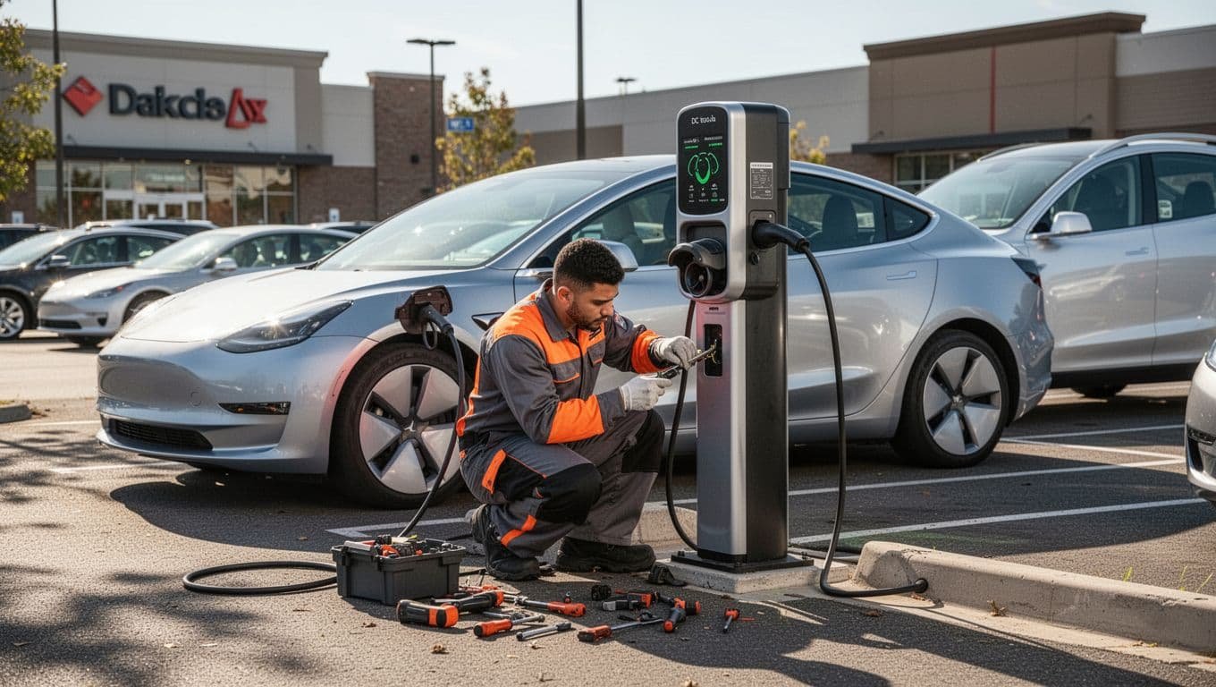 Technician in orange uniform repairs DC fast charger in sunny retail parking lot with silver EV connected and tools nearby.