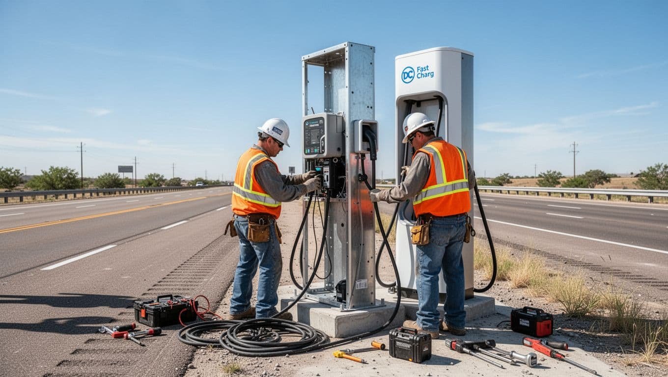 Two construction workers in orange vests install a partially built DC fast charging station along a US highway.