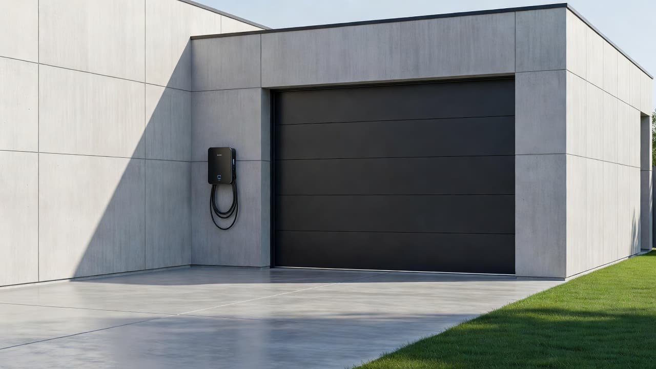 An electric vehicle charger mounted on the exterior wall of a modern detached garage.