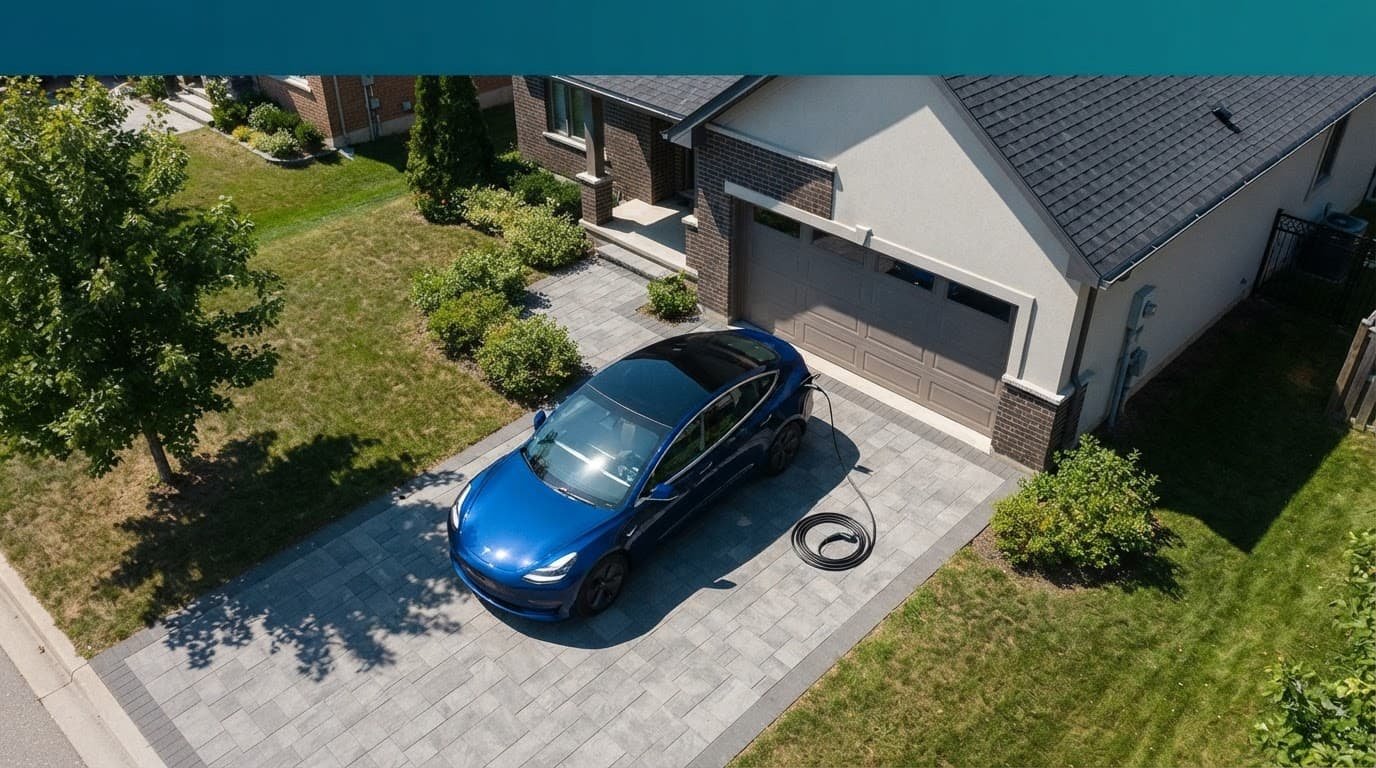 Overhead view of an electric car in a driveway with a coiled charging cable nearby.