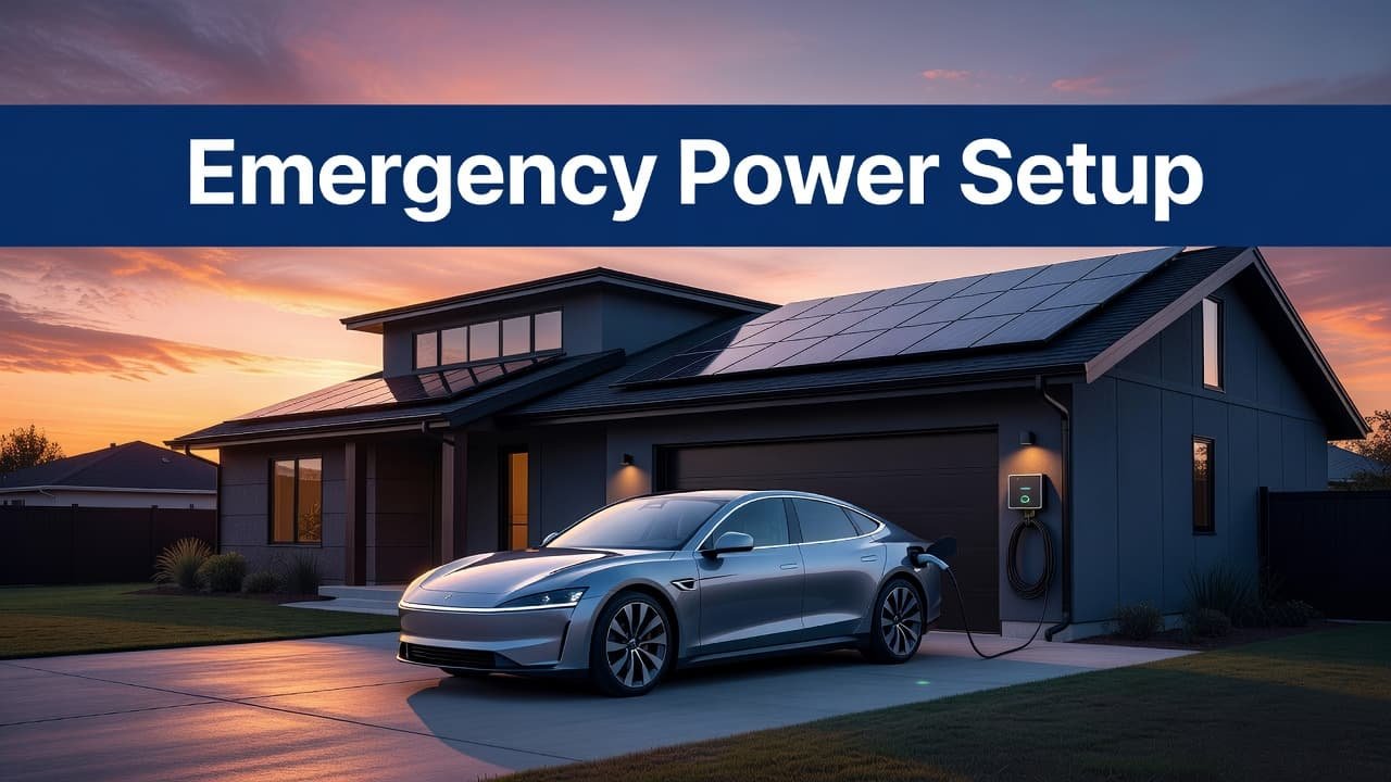 An electric vehicle parked at a suburban home with roof solar panels during sunset.
