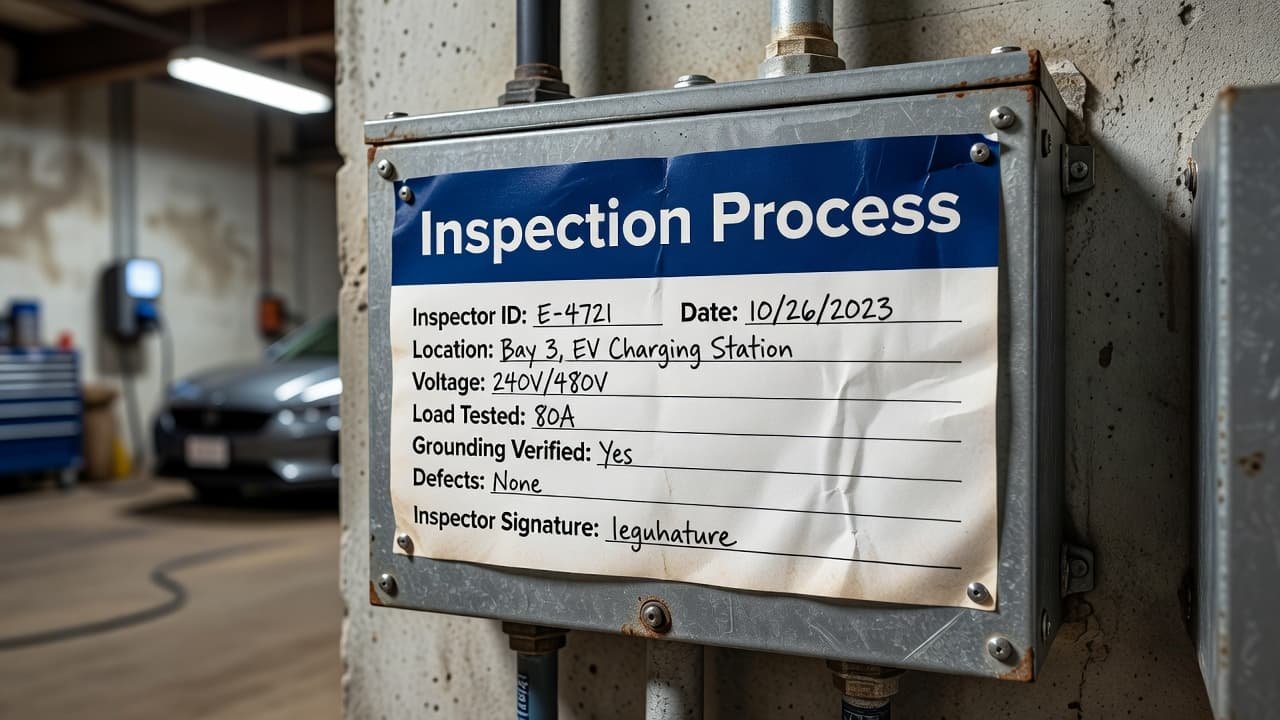 A close-up view features a completed inspection tag affixed to a junction box. In the background, an electric vehicle charger is visible within a professional garage setting bathed in soft light.