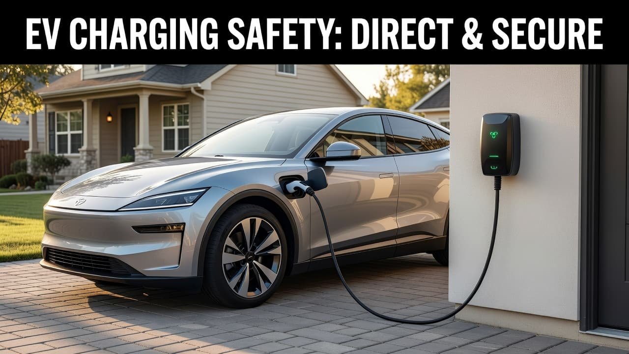 An electric vehicle plugged into a wall-mounted home charging station in a driveway.