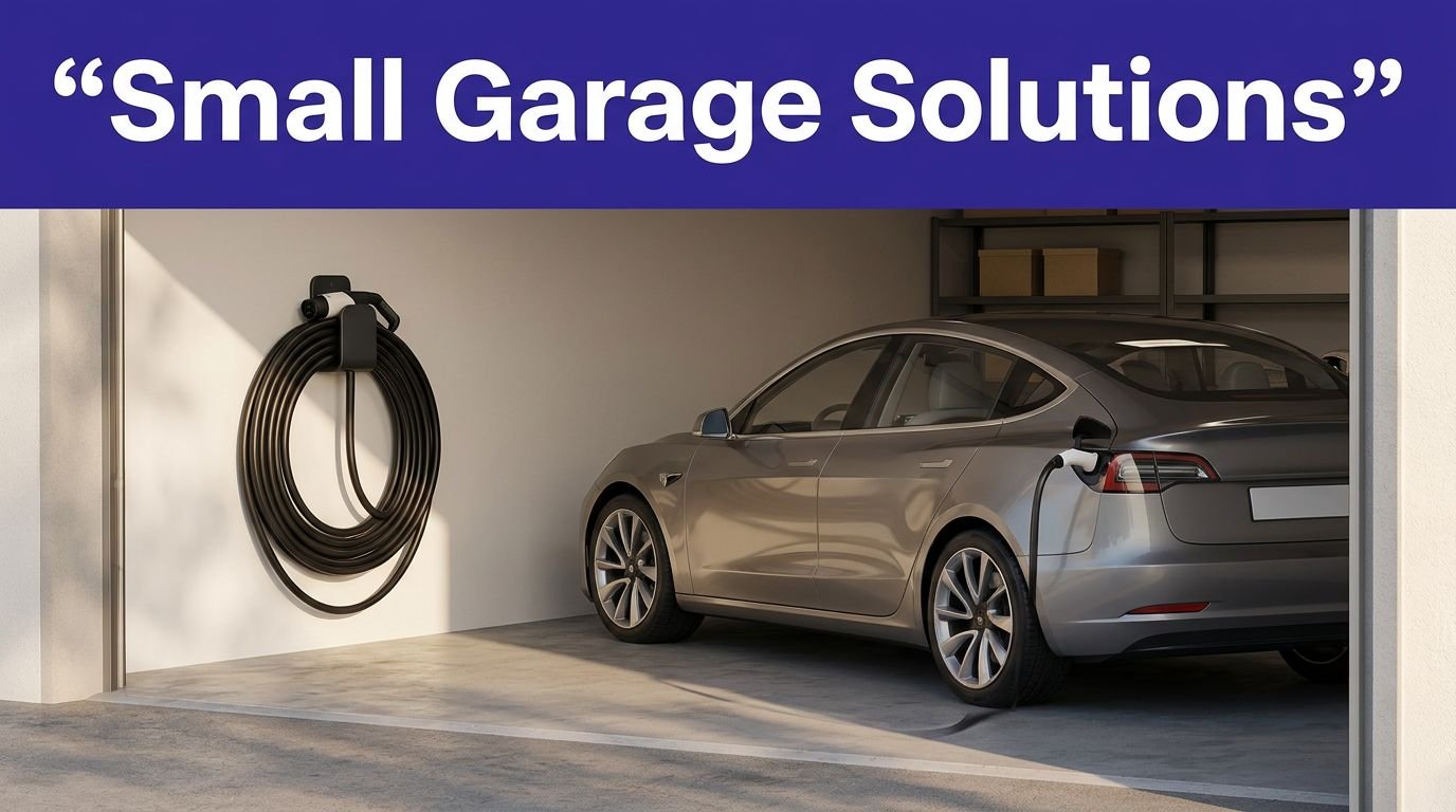 A wall-mounted organizer neatly holding a coiled EV charging cable in a tidy garage.