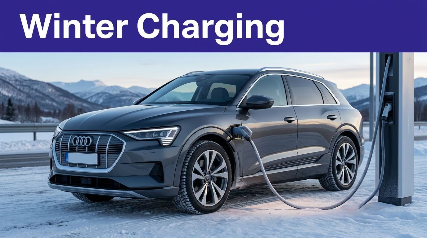 An electric vehicle charges at a snowy station beneath pale blue mountains.