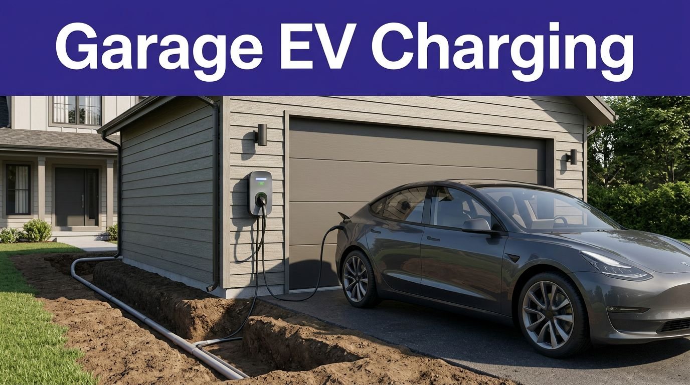 A Level 2 EV charger mounted on a garage wall near an open trench with conduit.