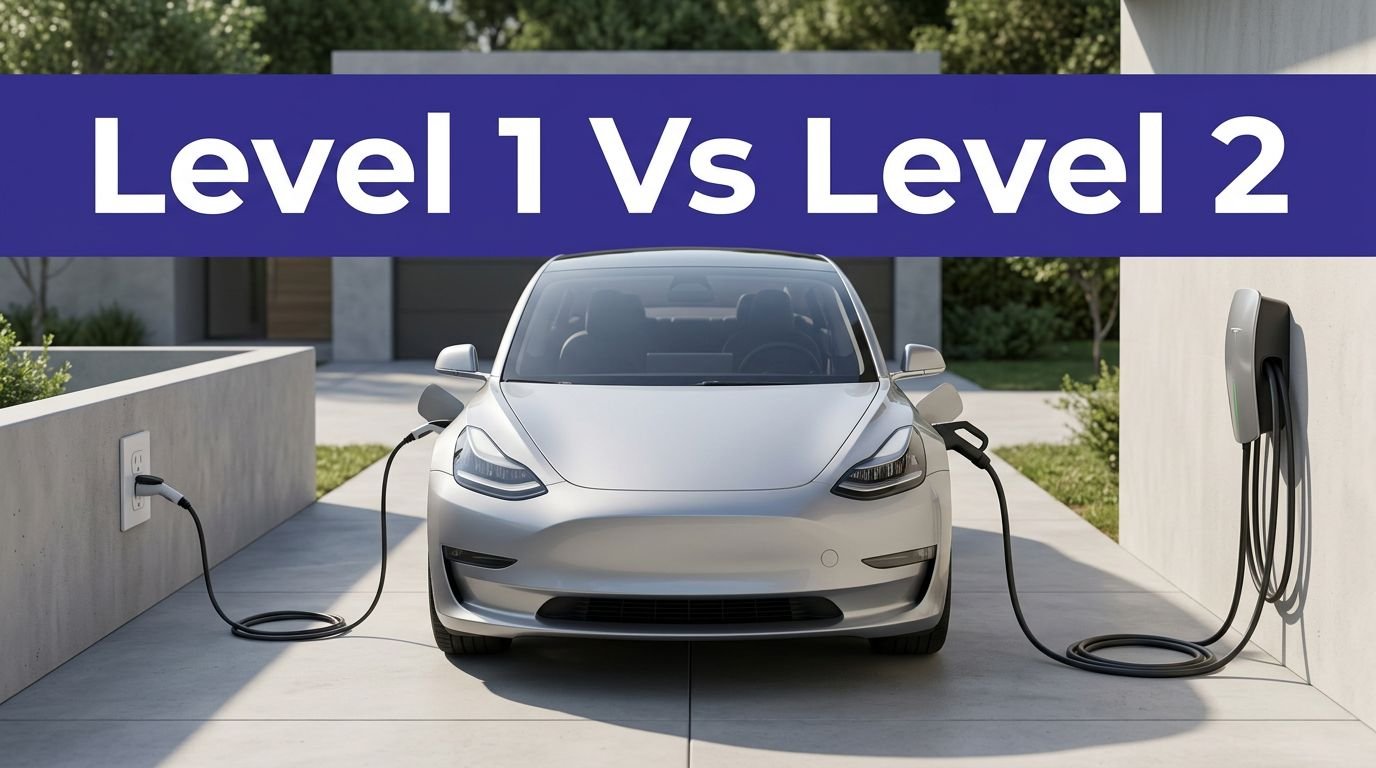 An electric vehicle plugged into two different charging setups in a modern driveway.