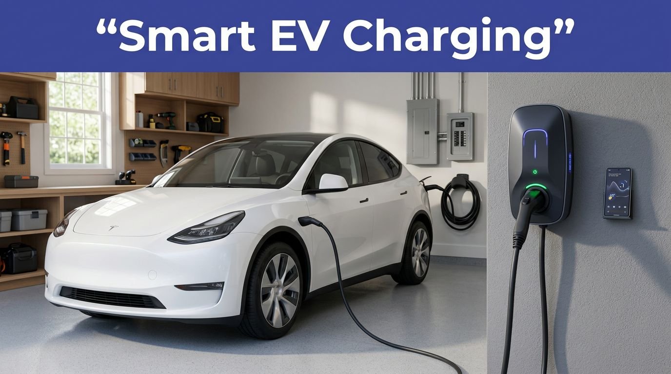 A sleek wall-mounted electric vehicle charger connected to a car in a tidy garage.