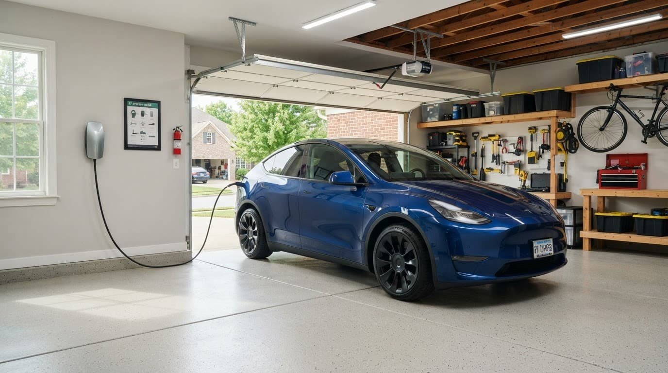An electric car plugged into a home wall charger inside a garage.