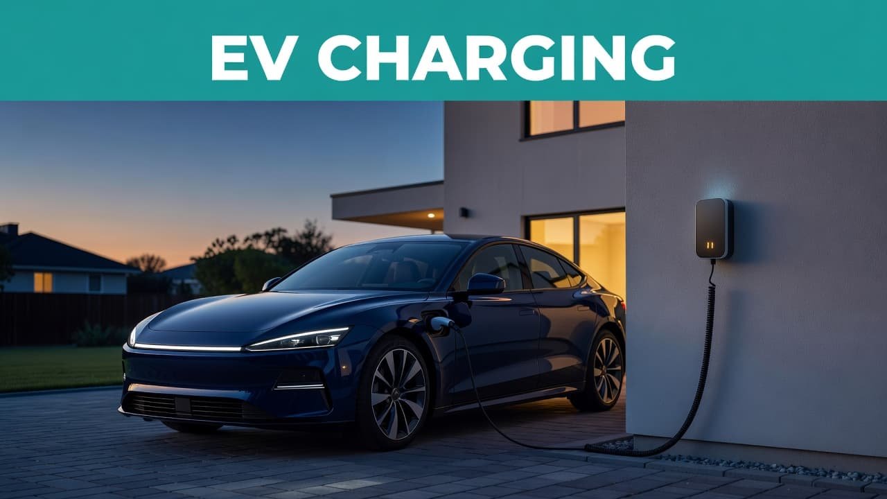 An electric vehicle parked in a driveway at dusk while plugged into a home wall charger.