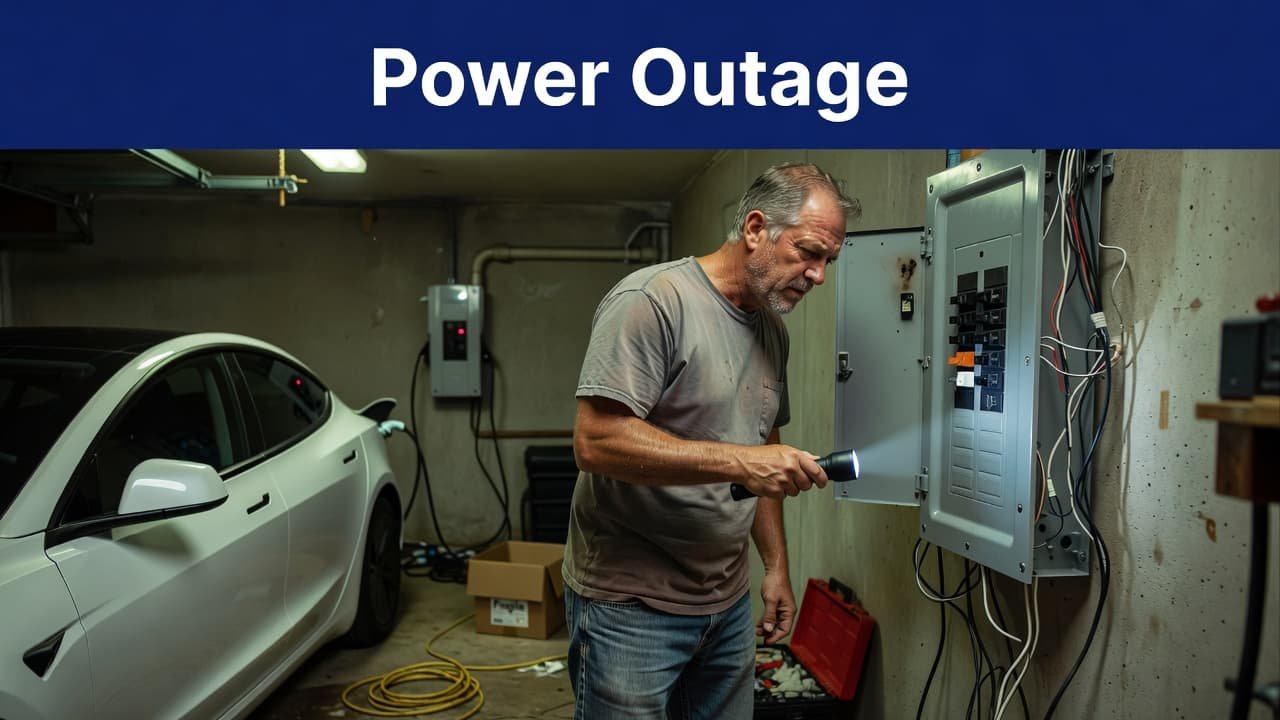 A frustrated person stares intently at an open electrical panel mounted on a garage wall. The surrounding space is dimly lit while the person appears concerned about a sudden power failure.