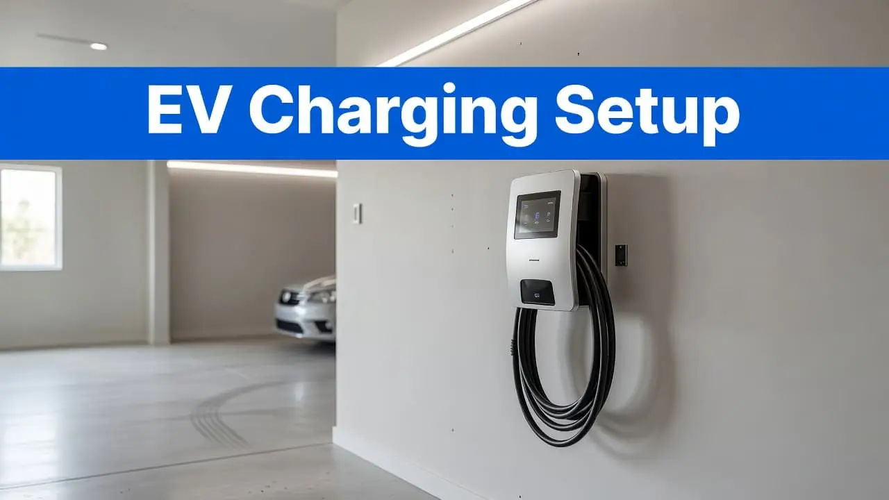 A sleek white electric vehicle charger is mounted on a clean residential garage wall. The black charging cable is coiled neatly on the side, displayed under a blue headline banner.