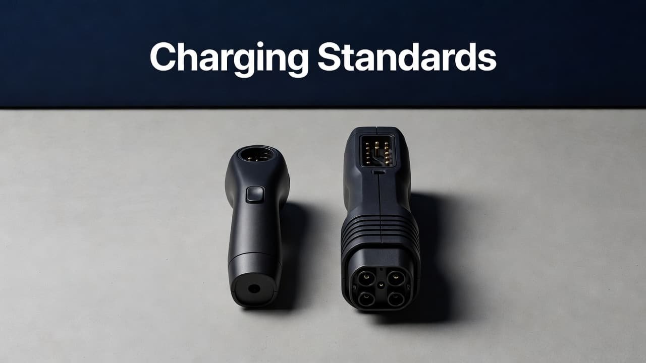 A sleek NACS electric vehicle connector placed next to a larger CCS charging plug.