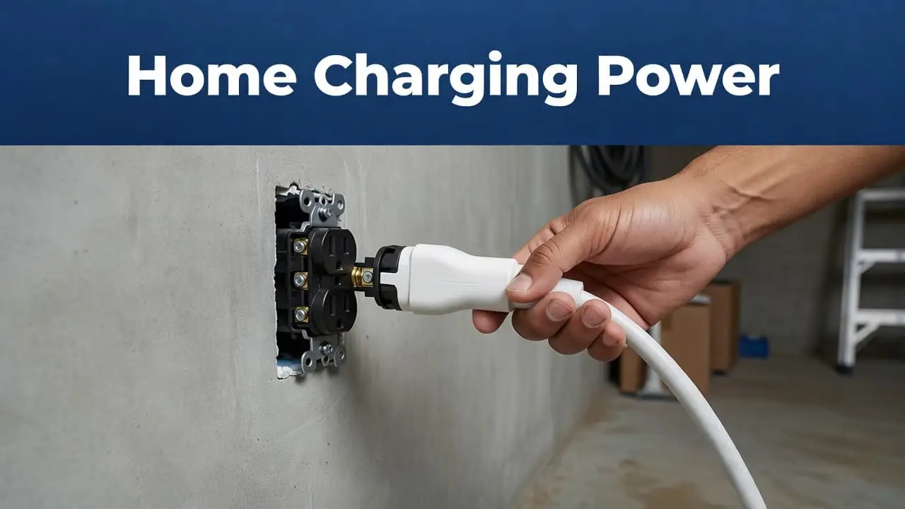 A professional electrician holds an EV charging connector near a wall-mounted NEMA 14-50 outlet. A header at the top of the frame reads Home Charging Power against a deep indigo band.