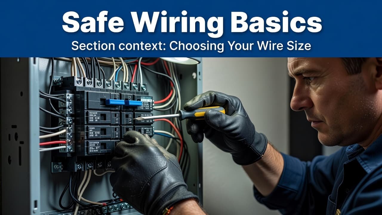 An electrician works on a circuit breaker panel with wires and a headline banner visible.