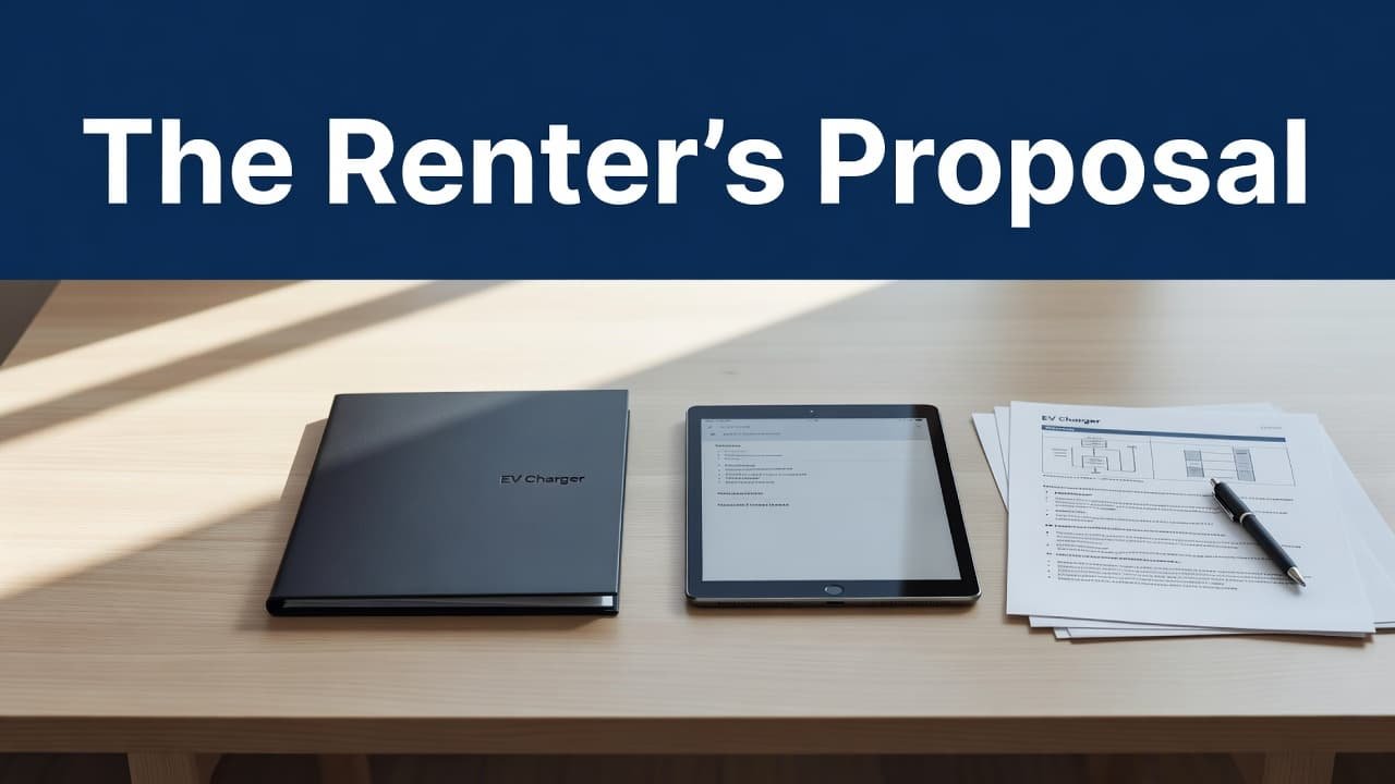 A presentation folder and tablet on a desk prepared for a landlord meeting.