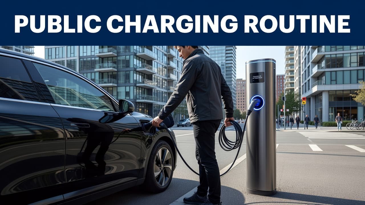 A person connects a charging cable to an electric car at a modern outdoor charging station.