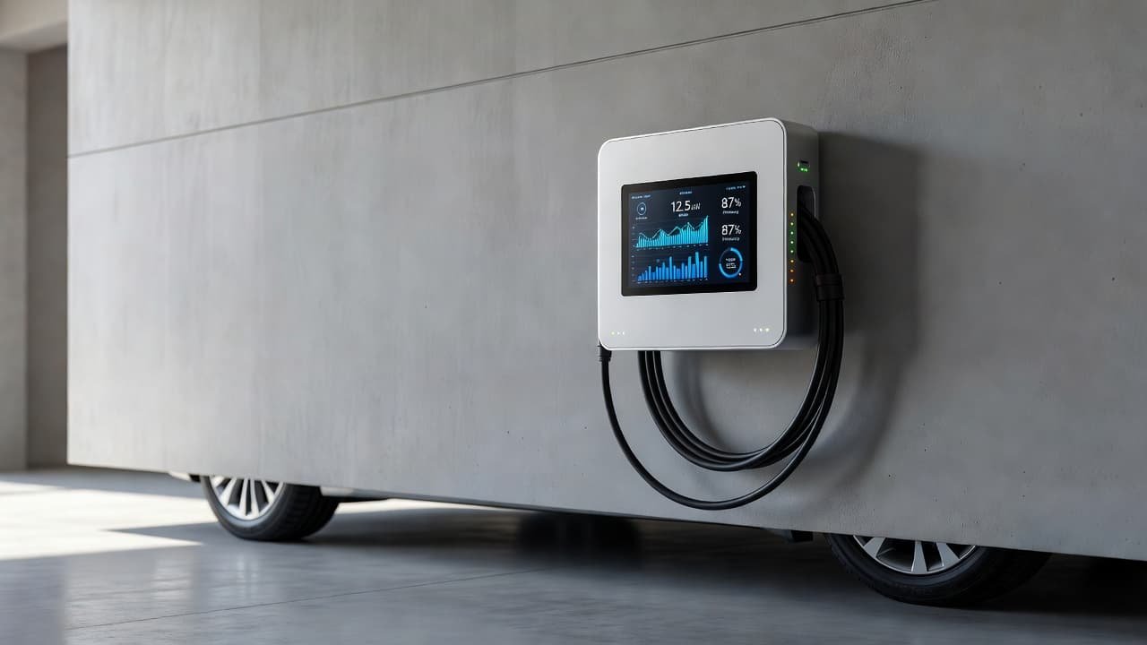 A modern electric vehicle charger mounted on a clean garage wall with indicator lights.