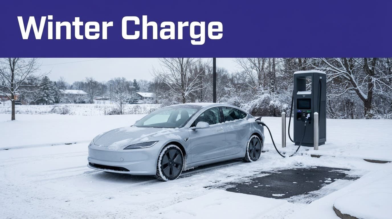 An electric sedan charging at a fast station in a snowy parking lot.
