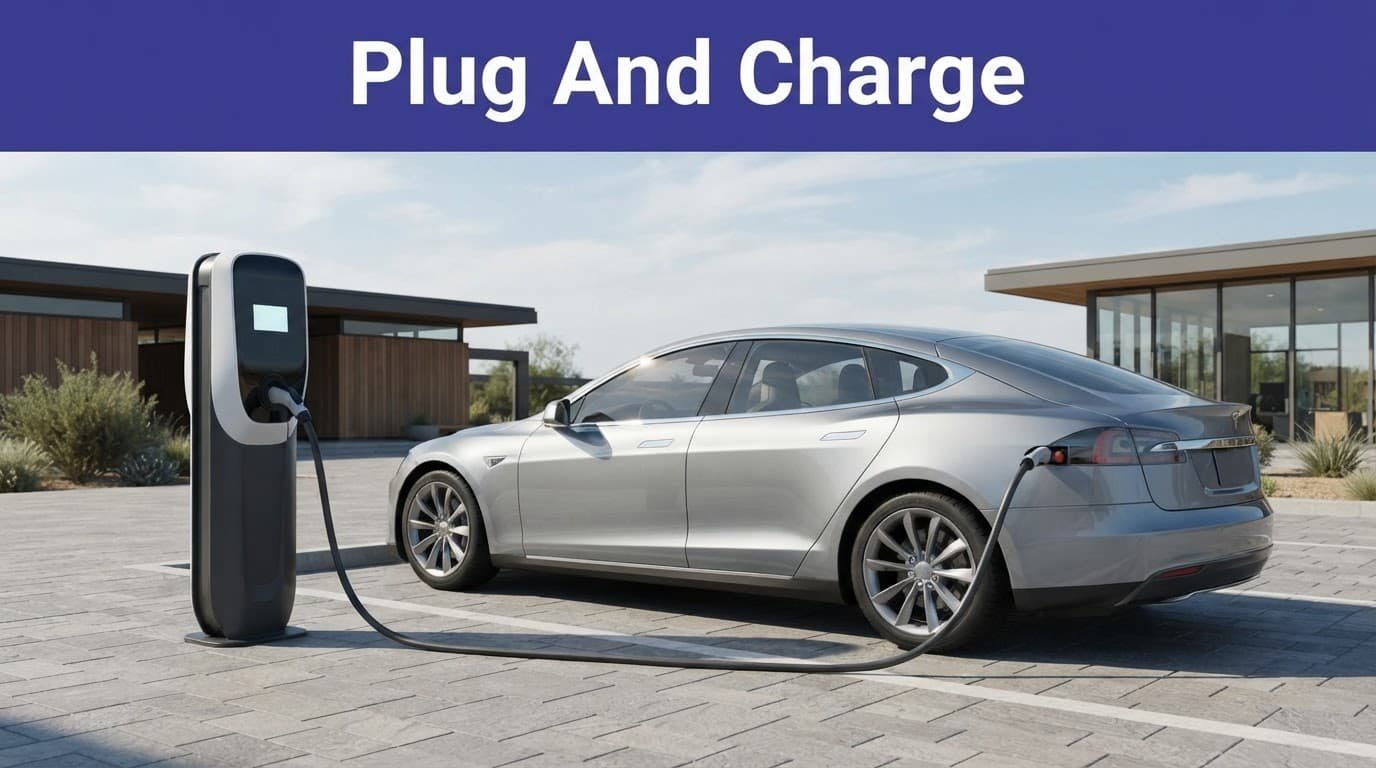 How to Pay at Public EV Chargers Without an App Electric car connected to a public charger beneath an automatic charging headline.