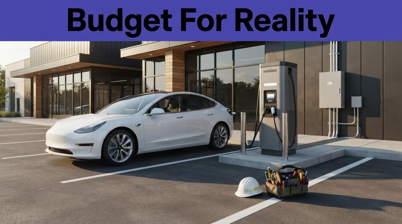 One electric vehicle charges beside an electrical cabinet, helmet, and tool bag.